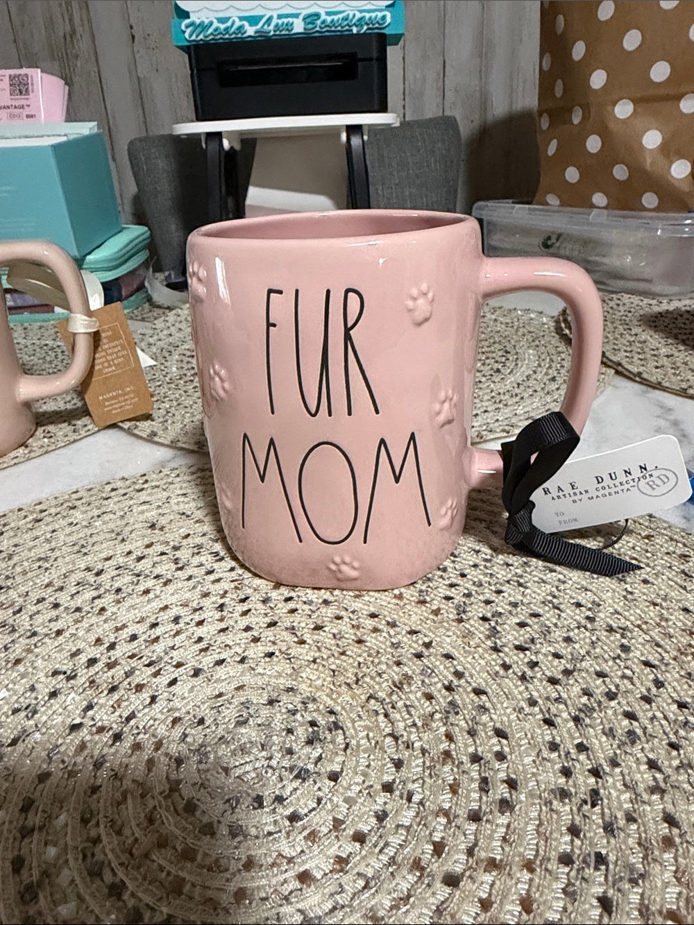 Rae Dunn Pink 'FUR MOM' Ceramic Mug with Paw Print Details